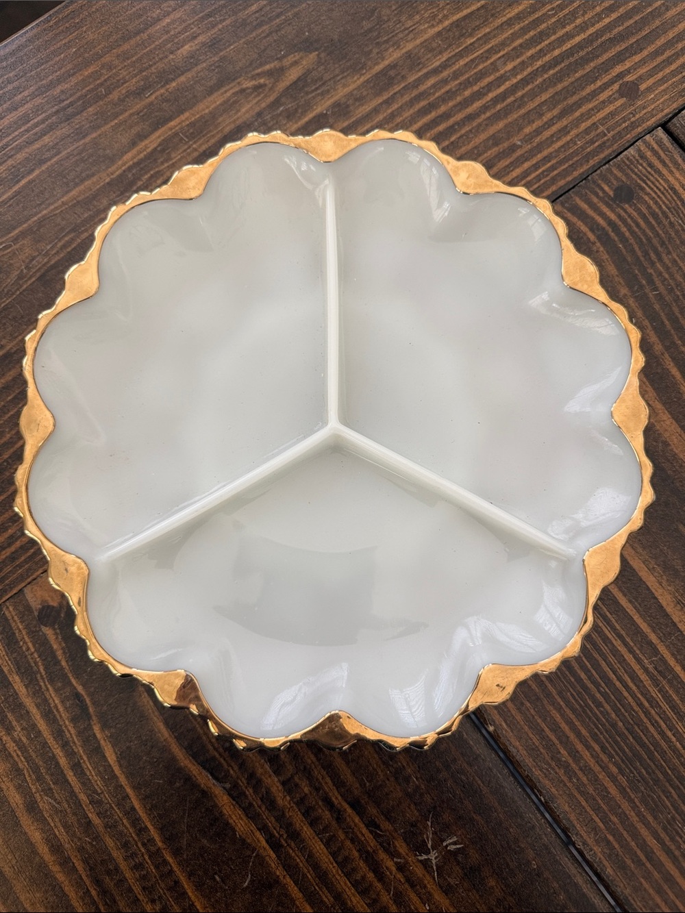 Anchor Hocking White Milk Glass Divided Scallop-Edge Server with Gold Trim